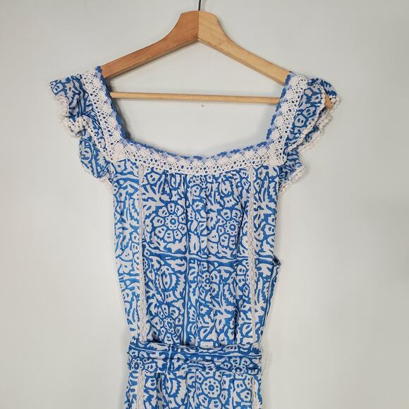 Roller Rabbit Mar Zarela Fit and Flare Midi Dress Blue White Cotton Size Large - Picture 6 of 13